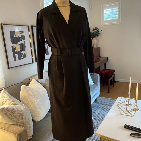 VTG Nordstrom Town Square Long Sleeve Belted Black Midi Dress, Size 8 - Picture 1 of 15